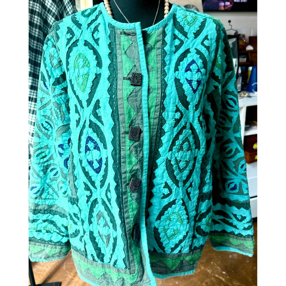 The Territory Ahead XP Art to Wear Applique Jacket Turquoise Cotton Boho